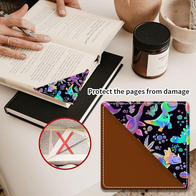 Cute Leather Bookmarks, Fun Triangle Making Corner Bookmark, Book Accessories for Reading Book Lovers, Unbreakable Page Markers for Women Men Cute Rainbow Dinosaurs