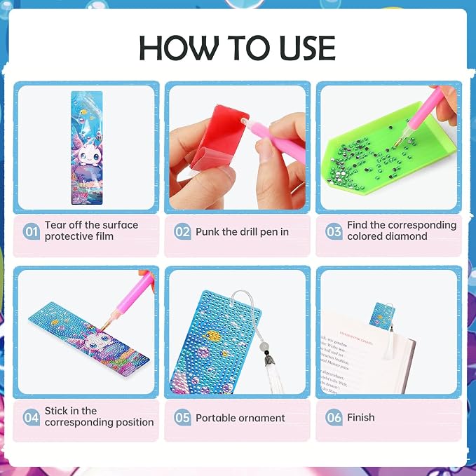Axolotl Diamond Art Painting Bookmarks - 6 Pcs DIY Pink Animal Diamond Painting Kits with Tassel Sea Art Craft Back to School Supplies Graduation Gift for Teacher Student Book Lover