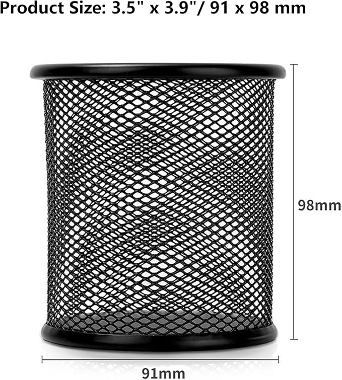 Wire Mesh Pen Cup, Black Metal Pencil Holder, Round Stationary Pen Stand Organizer for Desk Office Pen Storage, ‎3.5" x 3.9"