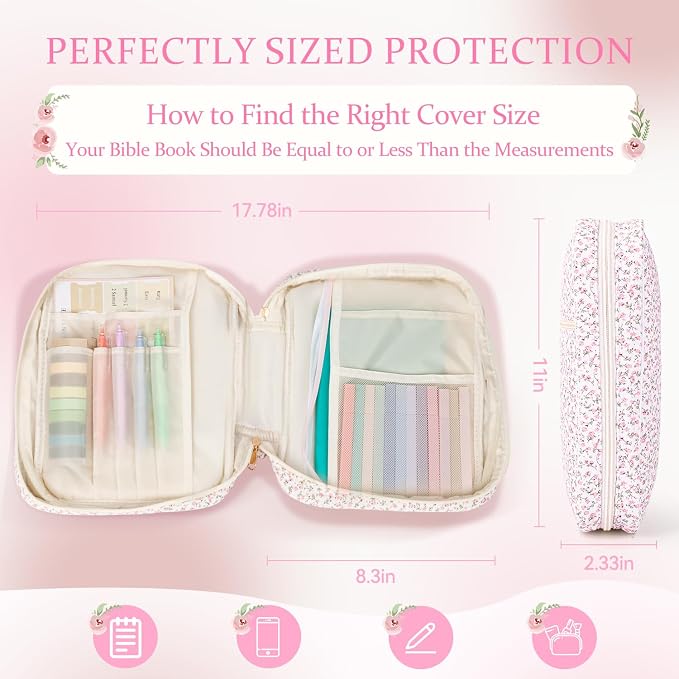 Bible Cover Case for Women Large Quilted Bible Carrying Bag with Handles Bible Study Supplies & Accessories Christian Gifts for Women(Mini Pink Flower, M)