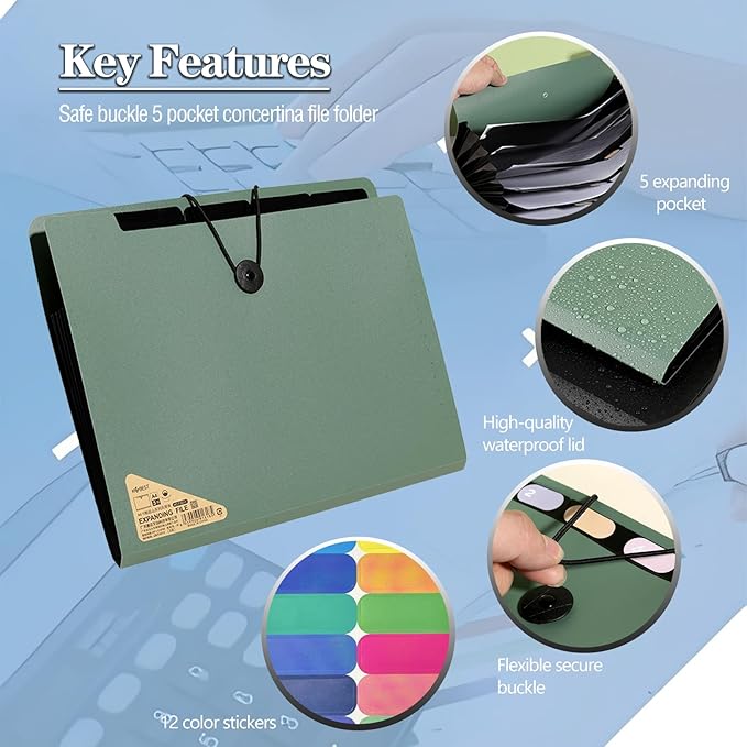 A4 Expanding File Folder, 3 Pack File Organiser, 5 Pockets Document Organiser, Portable Filing Folders for Paperwork for Home Office School (3 Color, A4, 5)