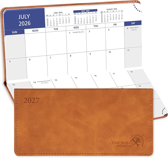 POPRUN Pocket Monthly Planner 2026-2027, Slim Size 3.25" x 6.75"(JUL 26-DEC 27), 18-Month Pocket Calendar for Purse, Academic Small Monthly Planner with PU Leather Softcover - Brown