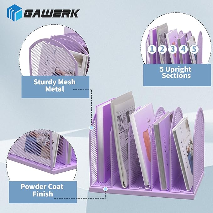 Gawerk 5-Section Vertical Desktop Organizer, 5-Section Mesh File Folder Stand Sorter for Office Home Classroom Organization (1, Purple)