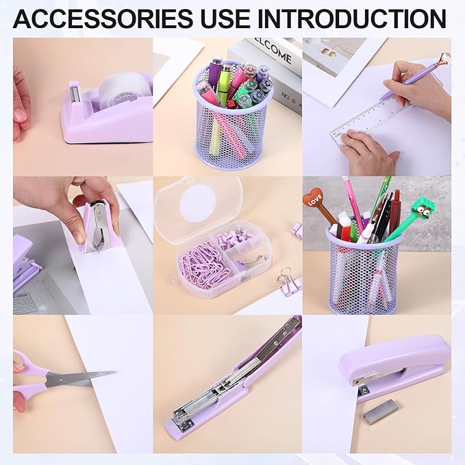 14Pcs Purple Desk Accessories, Purple Office Supplies Desk Supplies Set Office Essentials Stapler and Tape Dispenser Set, with Paper Clips Staple Pen Holder Staple Remover Back to School Supplies