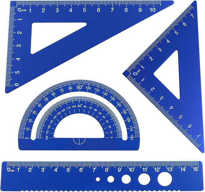 4 Pcs Triangular Ruler Set, Aluminum Alloy Geometry Tools, Metal Drafting Ruler for Students, Draftsmen, Engineers, School Office Supplies with Protractor & Metric Scales (Blue)