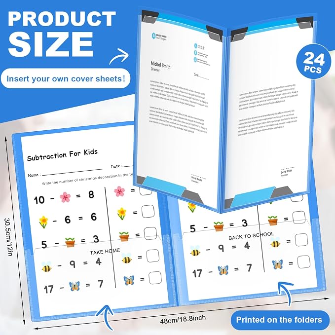 Henoyso 24 Pcs Take Home Folder Heavy Duty 2 Clear Front Pockets and 2 Inside Pockets Homework Folders for School Students Parent Teacher Classroom Communication(Blue)