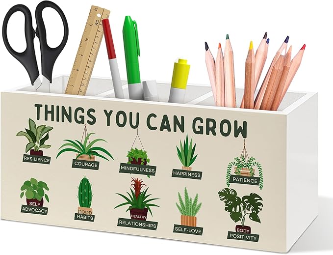 Mental Health Pen Holder, Therapy Office Pen Pencil Holder Organizer for Desk Accessories, Growth Mindset Botanical Wooden Box Desk Decor for School Counselor Therapy Office Desk Decorations