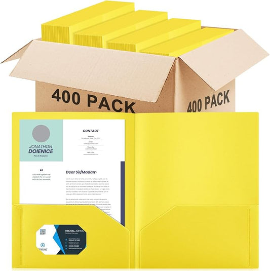 Gueevin 400 Pack Plastic Folder with Pockets, 2 Pocket Folders, Plastic Glossy Folders Fit Letter Size Paper, Heavy Duty Durable File Folder with Business Card for Home Office School (Yellow)