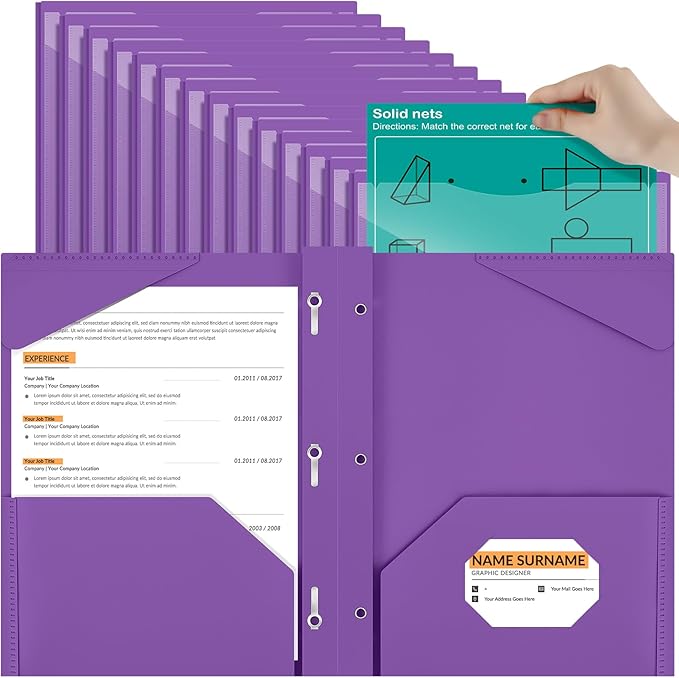 Henoyso 36 Pcs Plastic Folder with Clear Front Pocket and 3 Prong Plastic Folders with Card Slot Pocket Folders with Prongs for School Office (Purple)