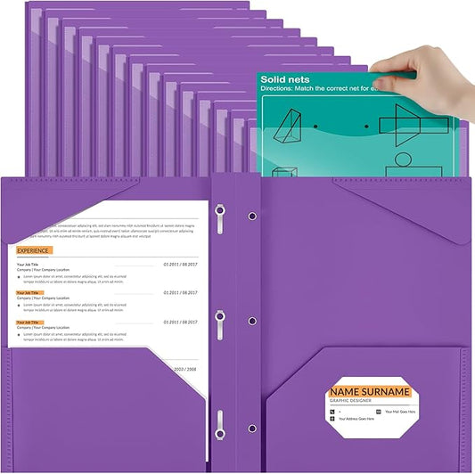 Henoyso 36 Pcs Plastic Folder with Clear Front Pocket and 3 Prong Plastic Folders with Card Slot Pocket Folders with Prongs for School Office (Purple)