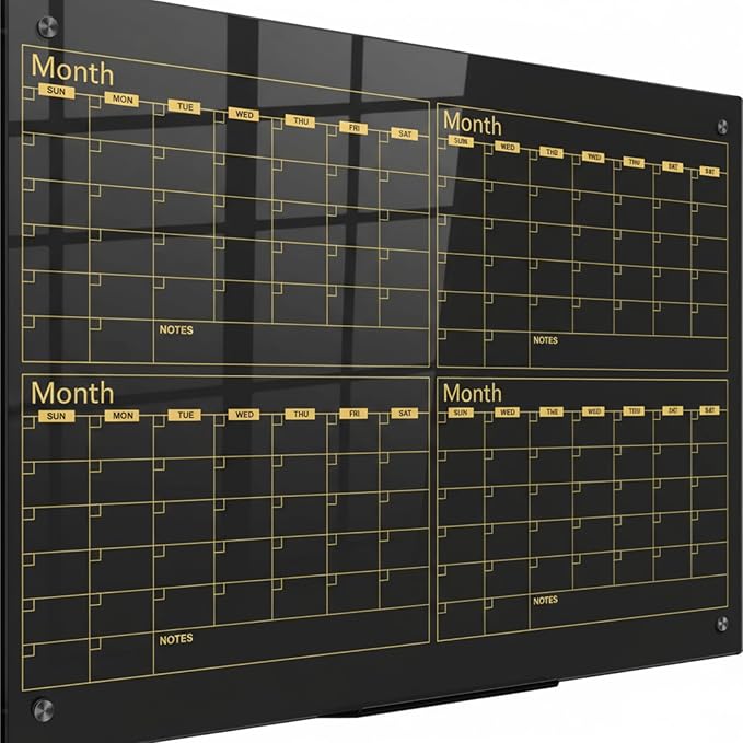 Glass Whiteboard Calendar Dry-Erase White Board Planner Glass Large Wall Mounted Calendar with Marker Tray for Wall Home or Office(Black,36" X 24",4 Month)