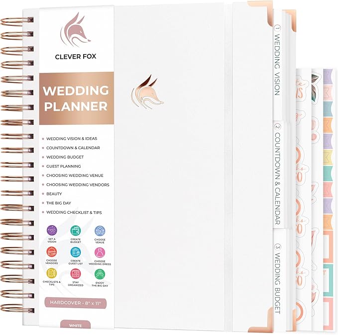 Clever Fox Wedding Planner – Notebook Organizer for Bride – Wedding Planning Binder Book with Pockets – Engagements Gift, 10x11″ (White)
