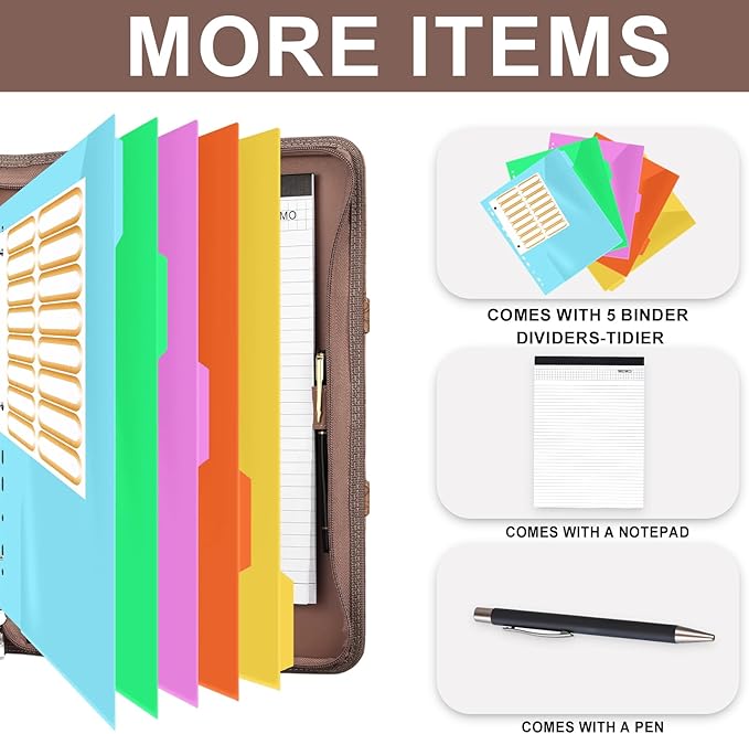 Leathario Portfolio Binder, Includes 5 Folder Index Dividers, 13 Inch Tablets Organizer with Handle, Vegan Leather A4 Padfolio, Multi-Pocket Notepad Business Planner Professional Document