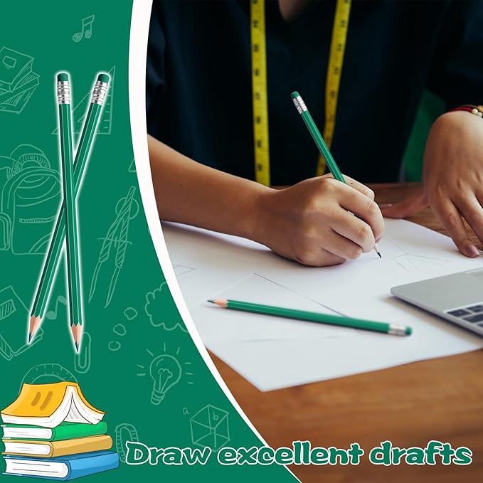 48 PCS Green Pencils Bulk with Eraser, Pre-Sharpened HB Pencils for Writing & Drawing, School Supplies for Kids Homework, Tests, Art Crafts & Teacher Grading (Green)