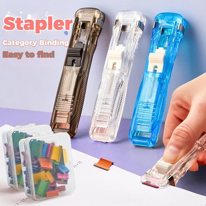 Portable Binder Clip Stapler - Includes 100 Reusable Clips, No Staples, No Holes,Push Clip Paper Clam Dispenser, Reusable Desktop Stapler for Document Home School (1-D)