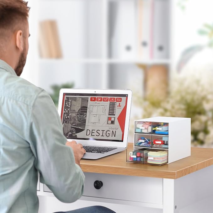 Desk Organizer with 5 Drawers, Rectangular Office Stationery Supplies Desktop Drawers, Plastic Makeup Storage, Suitable for Office, School, Home (White & 6 Drawers)