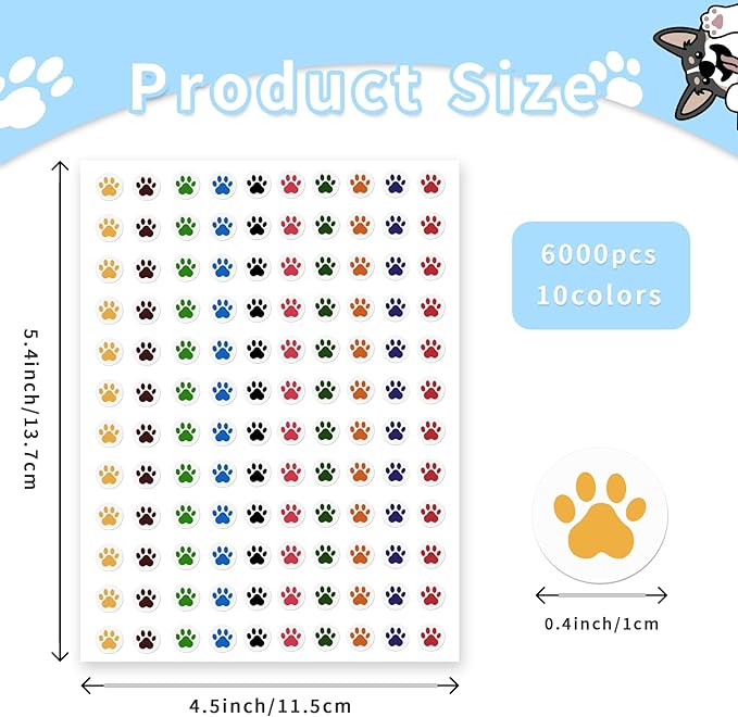 Paw Print Stickers, 6000 PCS Small Dog Paw Stickers, 10 Colors Dog Puppy Paw Print Labels, Mini Incentive Reward Sticker for Kids, Cartoon Behavior Chart Sticker for Students Teachers Classroom Supply