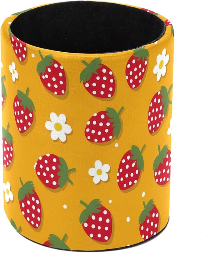 Strawberry Daisies Pen Holder Pencil Organizer Cute Pencil Cup Desk Decor Makeup Brush Holder PU Multifunctional Office Supplies for Home Classroom School