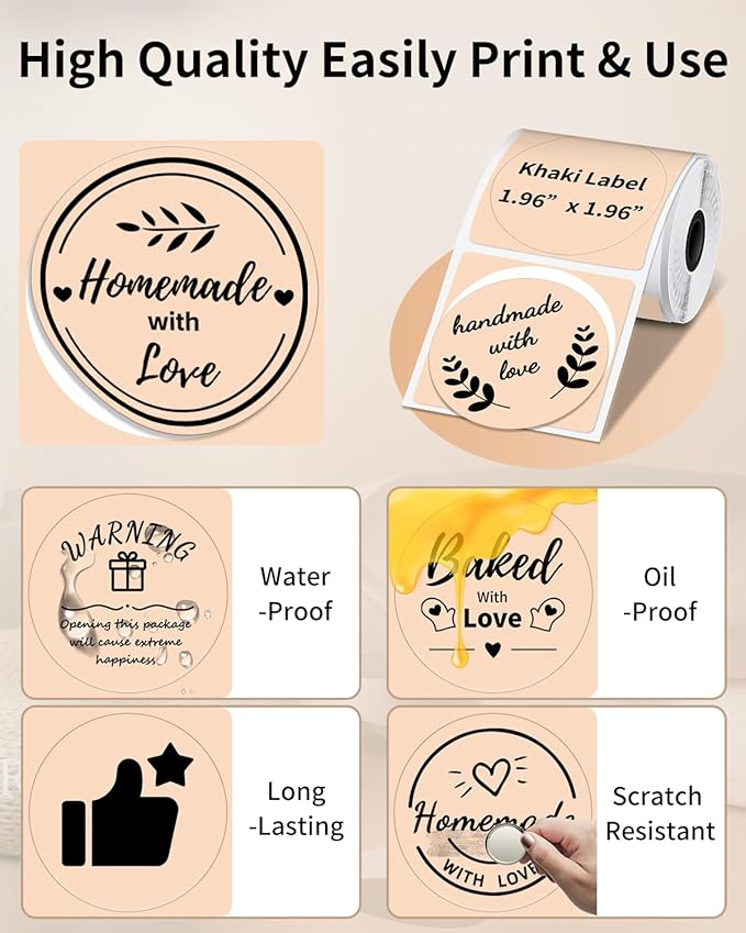 Phomemo Circle Label for M110/M110S/M120/M200/M220 Label Maker, 1.96" x 1.96"（50x50 mm） Round Thermal Labels for Barcode Labels, DIY Logo Design, Black on Khaki