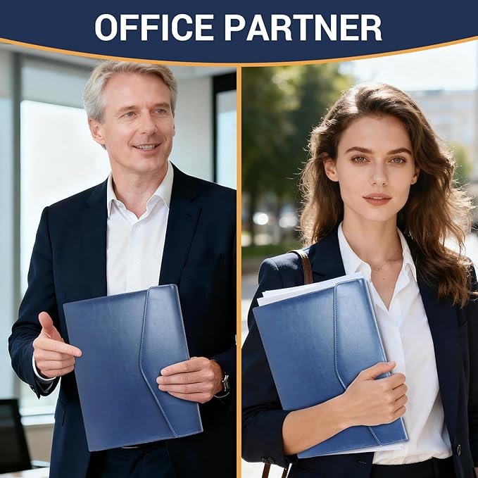 Professional Trifold Padfolio with Magnetic Closure – A4 Letter Portfolio Organizer for Business Meetings, Interviews & Presentations, Document Folder with Notepad Holder Blue