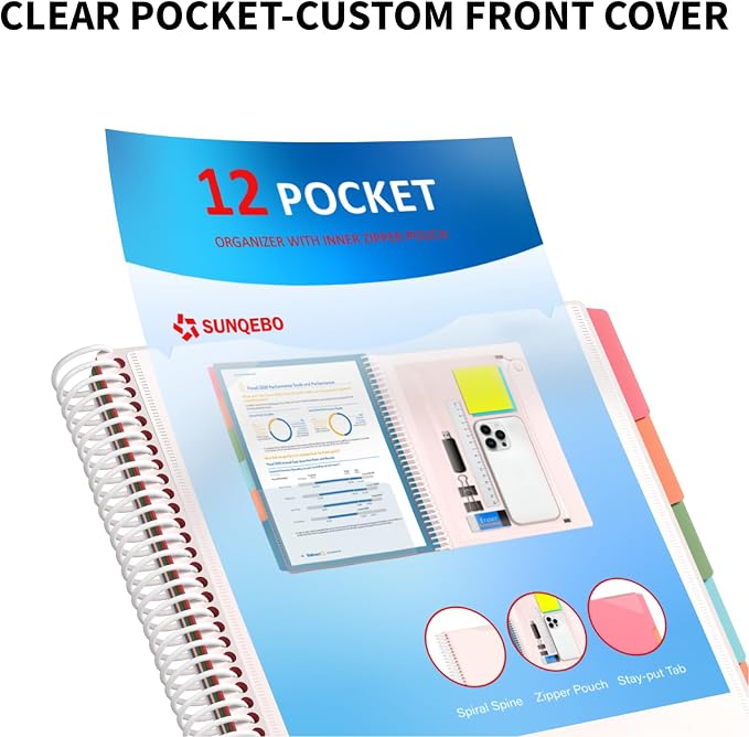 12 Pocket Project Organizer, 6 Colors Multi Pocket Folder Binder with Dividers, Spiral Pocket Notebook with Zipper Pouch, Office Organizer File Folders, Letter Size, School Supplies, White