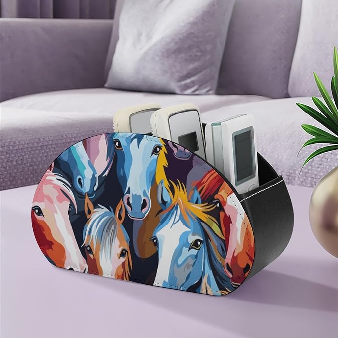 Colorful Cartoon Horses Remote Control Holder TV Remote Caddy with 5 Compartments PU Leather Storage Box Stylish Desk Organizer for TV/DVD/Accessories Desk Office Supplies Home