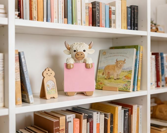 Highland Cow Pop-Up Sticky Note Dispenser with 100 Sheets 3 x 3 Inch Notes, Handmade Resin Highland Cow Desk Decor for Office, Home & Classroom, Gift for Teachers & Coworkers - Beige