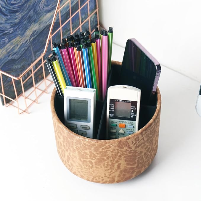 Round Leather Art Supply Organizer,Remote Control Holder,360 Degree Rotating,Multi-Functional Pencil Holder,4 Compartments Desktop Stationary Organizer(1-Leopard Brown)