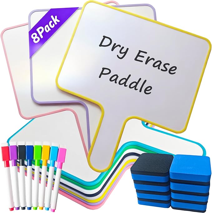 8 Sets Small Dry Erase Boards 8" x10'' Mini Dry Erase Paddles with Handle Double Sided Whiteboard Bulk with Markers and Erasers for Home Classroom and Office Writing Board