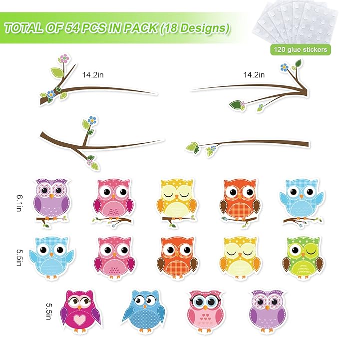 AnyDesign 54 Pcs Back to School Cutouts with 120 Pcs Glue Points Colorful Owls Cut-Outs Name Tags Labels Bulletin Board Decoration for Classroom Kindergarten First Day of School Decorations