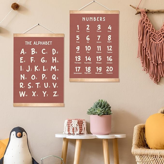 Alphabet and Numbers Educational Chart Set of 2 for Classroom Decor,Colorful Educational Poster for Toddlers 1-3,Toddler Learning Poster for Ages 3-5 for Nursery Playroom,Classroom Must Haves 14x18.5Inch(Brown)