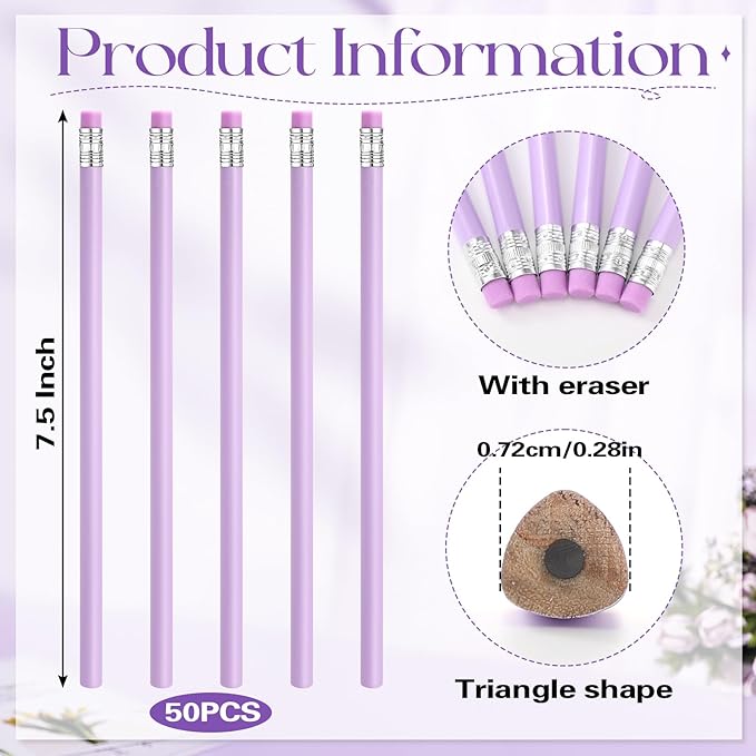 Tinlade 50 Pcs Triangular Grip Pencils Wood Wedding Pencils HB Graphite Pencil Pack Eraser for Baby Shower Drawing Sketching Bridal Shower Office Supplies(Purple)