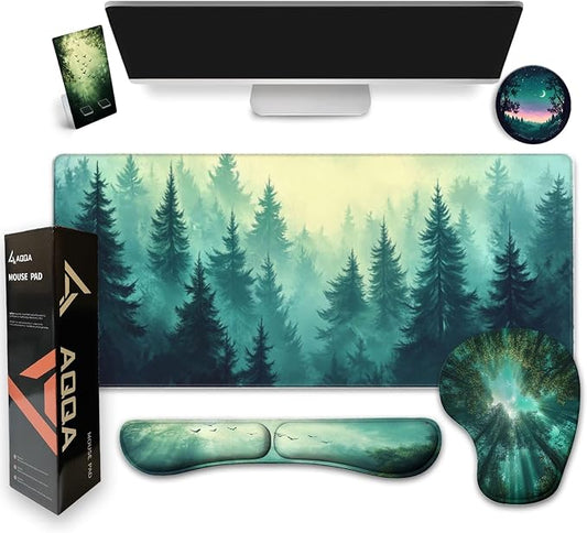 AQQA Desk Pad and Keyboard Wrist Rest,Large Mouse Pad + Keyboard Pad+Mouse Wrist Support+Coaster +Mobile Phone Holder, Non-Slip Desk Mat Protector for Office, Home(31.5×15.7 Inches,Forest Tree)