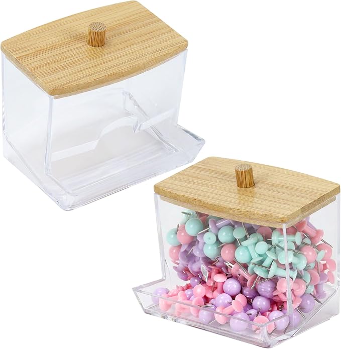 Mulitbey 2-Pack Acrylic Paper Clip Holder with Bamboo Lid – Thick Acrylic Self-Dispensing Desk Organizer Square Paper clip dispenser Cute Qtip Holder for Office, Vanity Bathroom (Clips Not Included)