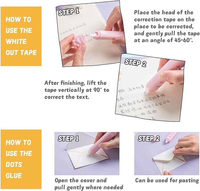 BetterJonny 3 Pcs Cute 2 In 1 Correction Tape and Glue Set, Double Sided Tape Roller, Kawaii Aesthetic Cat Office Supplies School Home Stationery