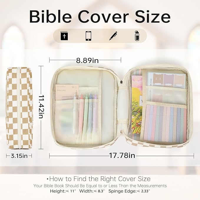 Bible Cover Case for Women Corduroy Bible Case for Girls Checkered Large Bible Cover with Handle Bible Study Supplies Accessories Christian Gifts for Women (Khaki, Medium)