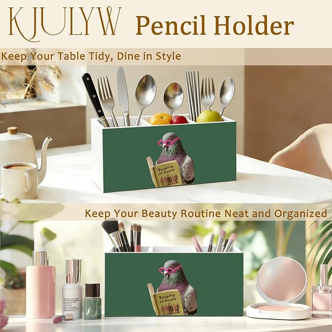 Funny Pigeon Pen Holder for Desk, Pigeon Lover Gifts, Humorous Bird Reading Book Wooden Box Toothbrush Holder Organizer for Bathroom Toilet Desk Accessories