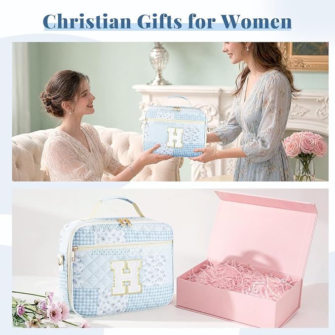 Personalized Initial Bible Cover Case for Women, Large Quilted Bible Bag with Durable Handle, Stylish Church Bag Journaling Kit with Study Supplies Accessories, Christians Gifts for Women (Spliced-H)