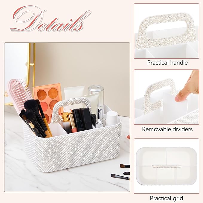 Marspark Bling Makeup Caddy Organizer with Handle, Sparkly Art Craft Holder, Glitter Bathroom Hair Caddy, Shimmer Pen Pencil Holder for Women Desk Organizer, Bling Gifts for Women(White,Pearl Diamond)