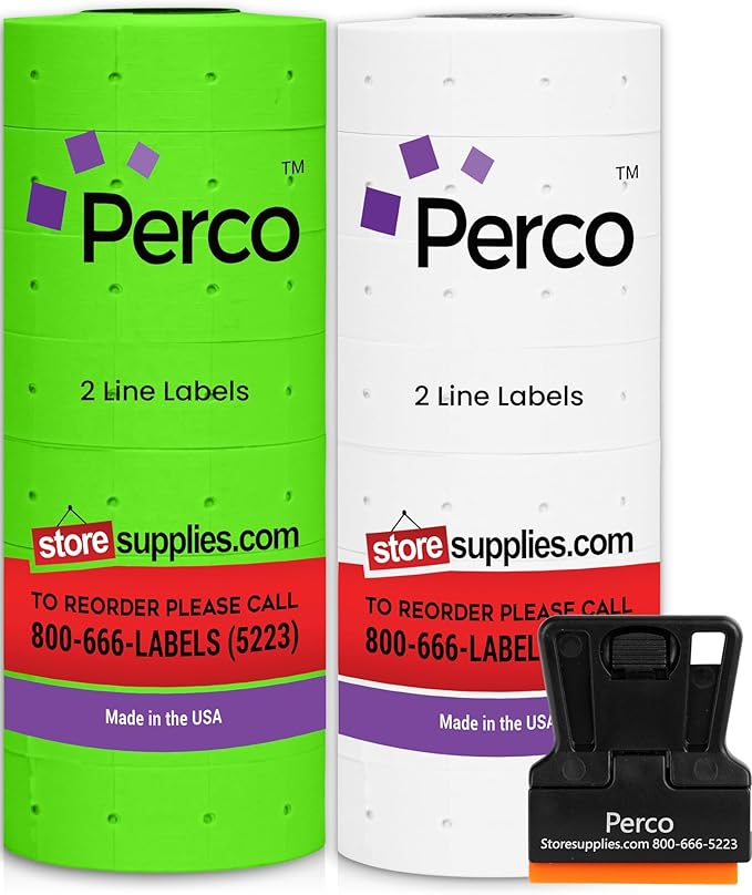 Perco White & Green Pricing Labels for Perco 2 Line Price and Date Gun – One White & One Green Sleeve - 2 Sleeves, 16 Rolls Combo Pack - 12,000 Price Marking Labels – with Label Scraper Included