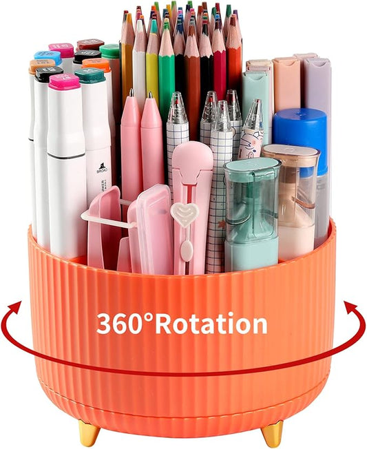 Desk Pencil Pen Holder, 5 Slots 360°Degree Rotating Pen Organizers for Desk, Desktop Storage Stationery Supplies Organizer, Cute Pencil Cup Pot for Office, School, Home, Art Supply, Orange