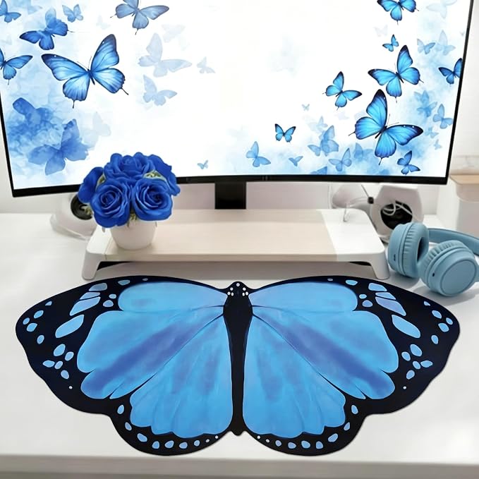 Tellegloww Large Blue Butterfly Gaming Mouse Pad Desk Mat Decorative Butterfly Keyboard Desk Mat with Non-Slip Base Table Accessories for Office Home Study 35.43 x 15.75 Inches
