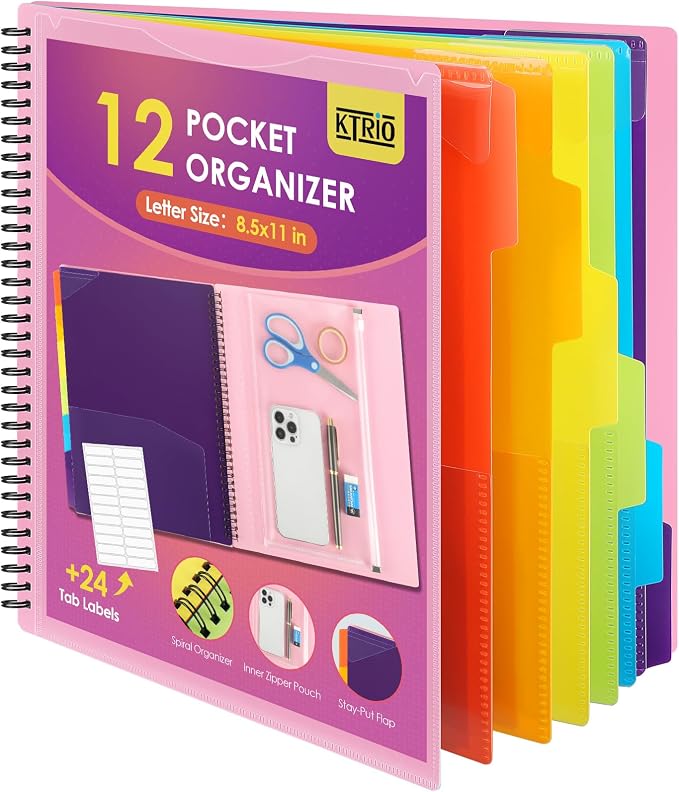 KTRIO 12 Pocket Project Organizer, Letter Size Spiral Binder,Pink | 12 Pocket Storage,Letter Size Fit,Water-Resistant Poly,Zip Pouch Included,Writable Color Tabs