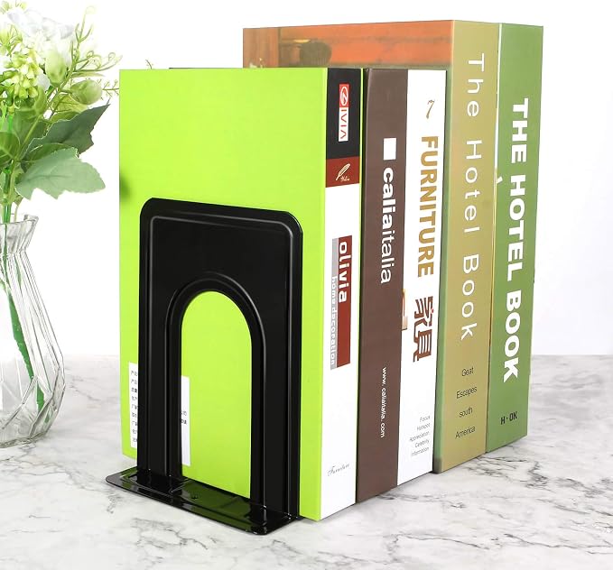 Heavy Duty Bookends for Shelves, Anti-Slip Base, Black, Great for Library, Office, Home, School, 4 Pairs