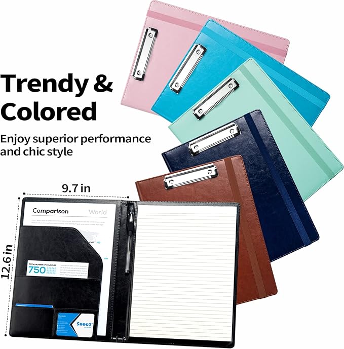 Sooez Padfolio Clipboard, Portfolio Organizer with Notepad, Premium PU Leather Clipboard Folder for Legal Pad, Versatile Clipfolio with Storage, Letter Size Document Holder for School Office, Brown