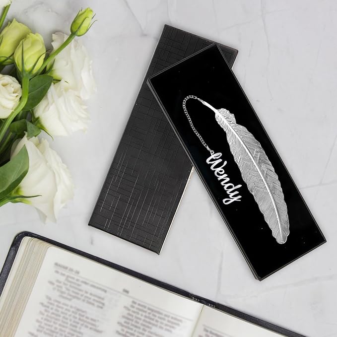 Custom Feather Bookmark Personalized Metal Bookmark with Name Pendant, Gold Silver Customized Gift for Bookworms, Teachers, Women Includes Gift Box