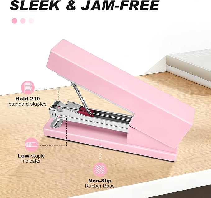 Stapler 25 Sheet Capacity with 830 Staples and Staple Remover, Full Strip Staplers for Desk, No Jam, Non-Slip for Office & School, Pink