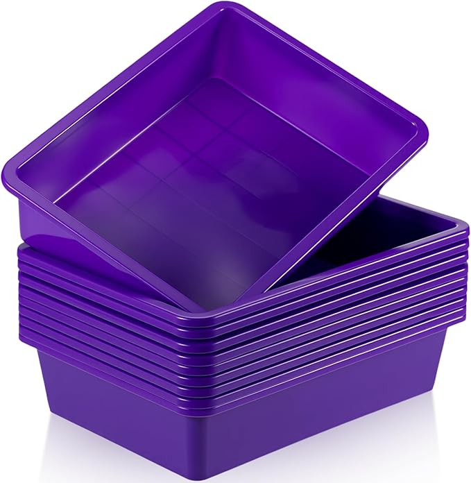 Hoteam 10 Pcs Flat Storage Organizer Tray Bin Paper Tray for Classroom Plastic Stackable File Organizer for School Office Teacher Book Organization(Purple,13.78 x 9.84 x 3.15 Inch)