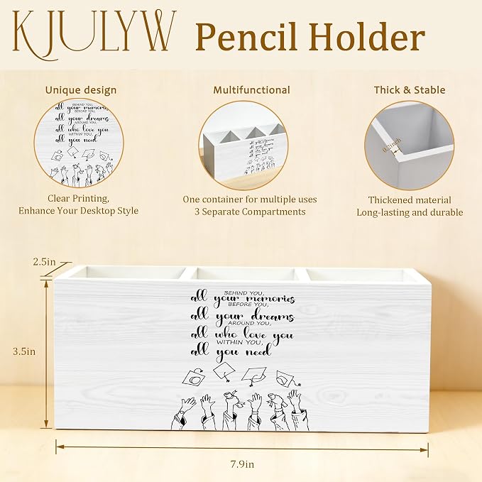 Graduation Quote Pen Holder for Desk, Graduation Gifts, Behind You All Your Memories Wooden Box Pencil Pen Holder Organizer for Home Office Desk Accessories