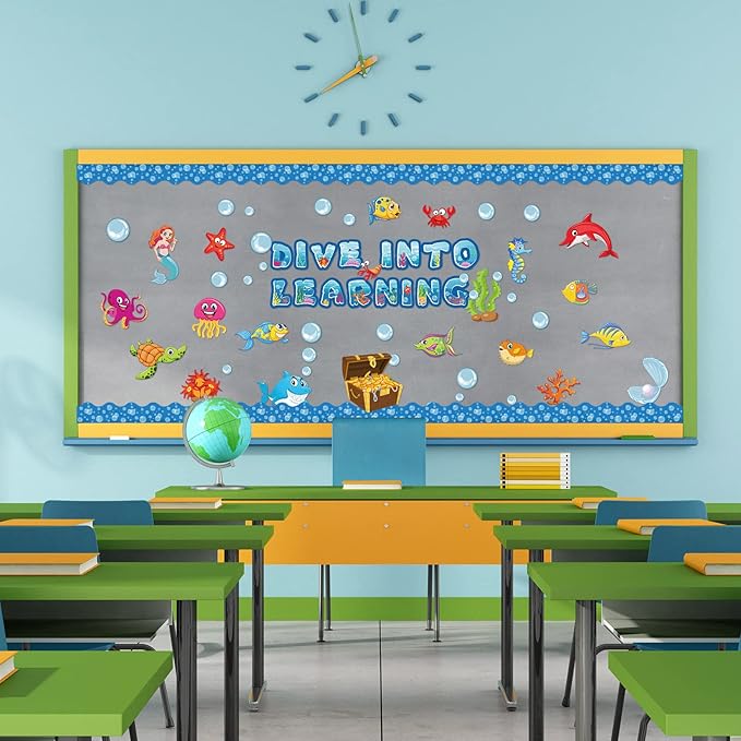 Pajean 83 Pieces Ocean Beach Theme Classroom Bulletin Board Decoration Sets Dive into Learning Sea Animal Jeweled Fish Treasure Box Cutouts for Under The Summer Classroom Wall Decor